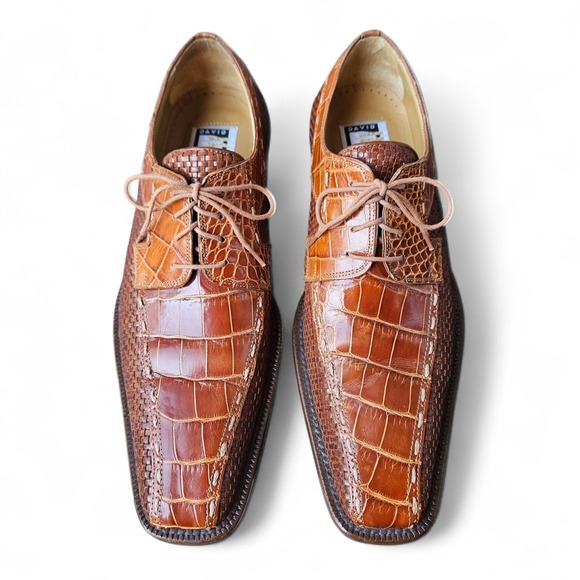 David Eden Leather Dress Shoes 10 Brown Cognac Embossed Croc Print Oxfords Spain - Picture 5 of 13